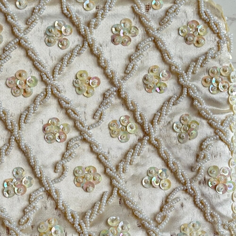 Vintage Cream Convertible Clutch Evening Bag With Sequins & Beads Hand Made - Picture 3 of 11